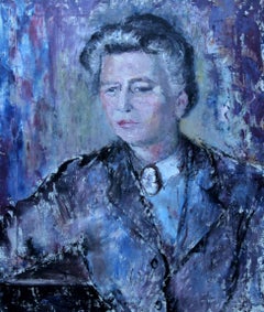 Dama de púrpura - Pintura al óleo impresionista británica de los años 50 retrato artista femenina