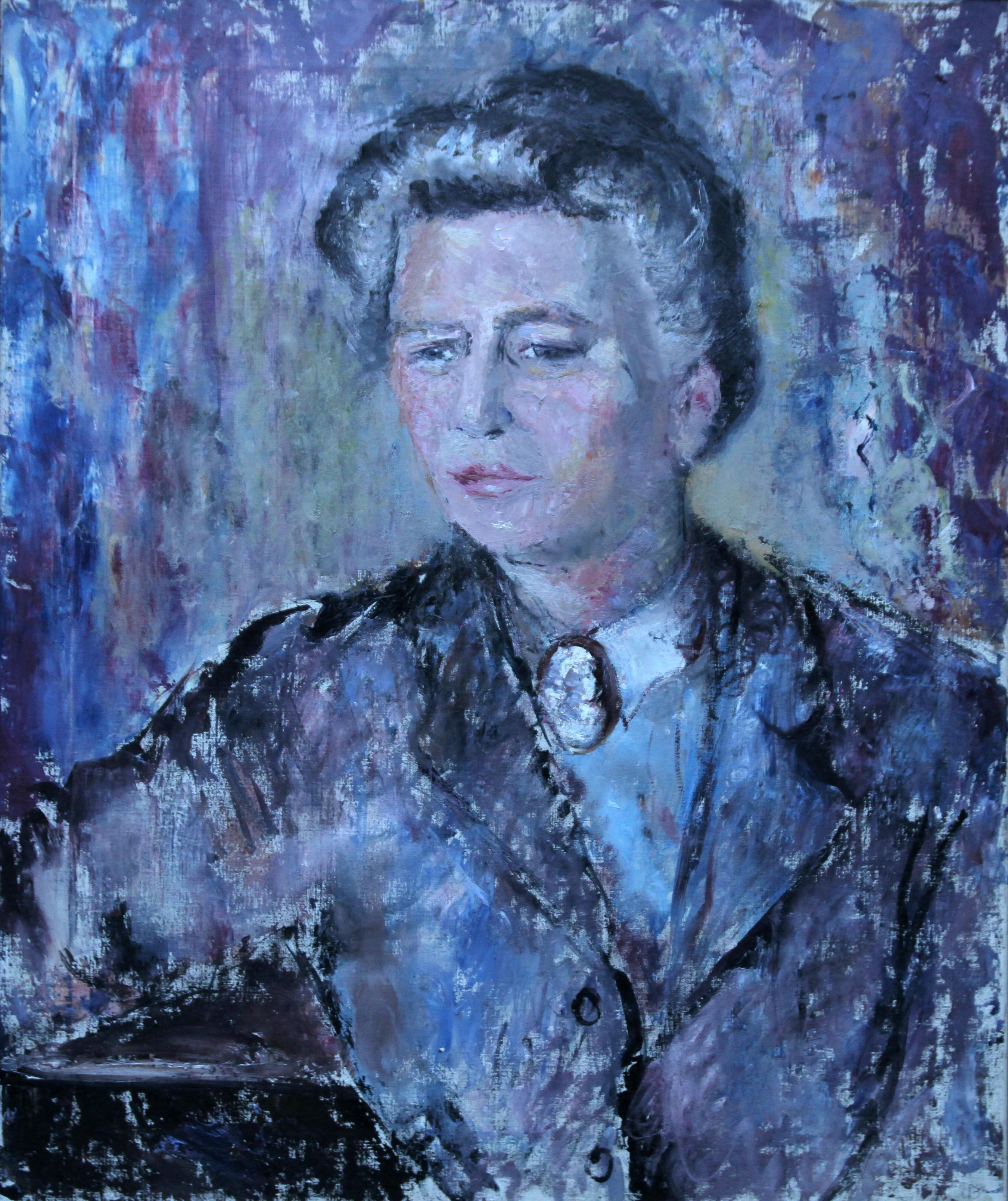 Lady in Purple - Peinture à l'huile impressionniste britannique des années 50 - Portrait de femme - Artiste - Impressionnisme Painting par Pauline Glass