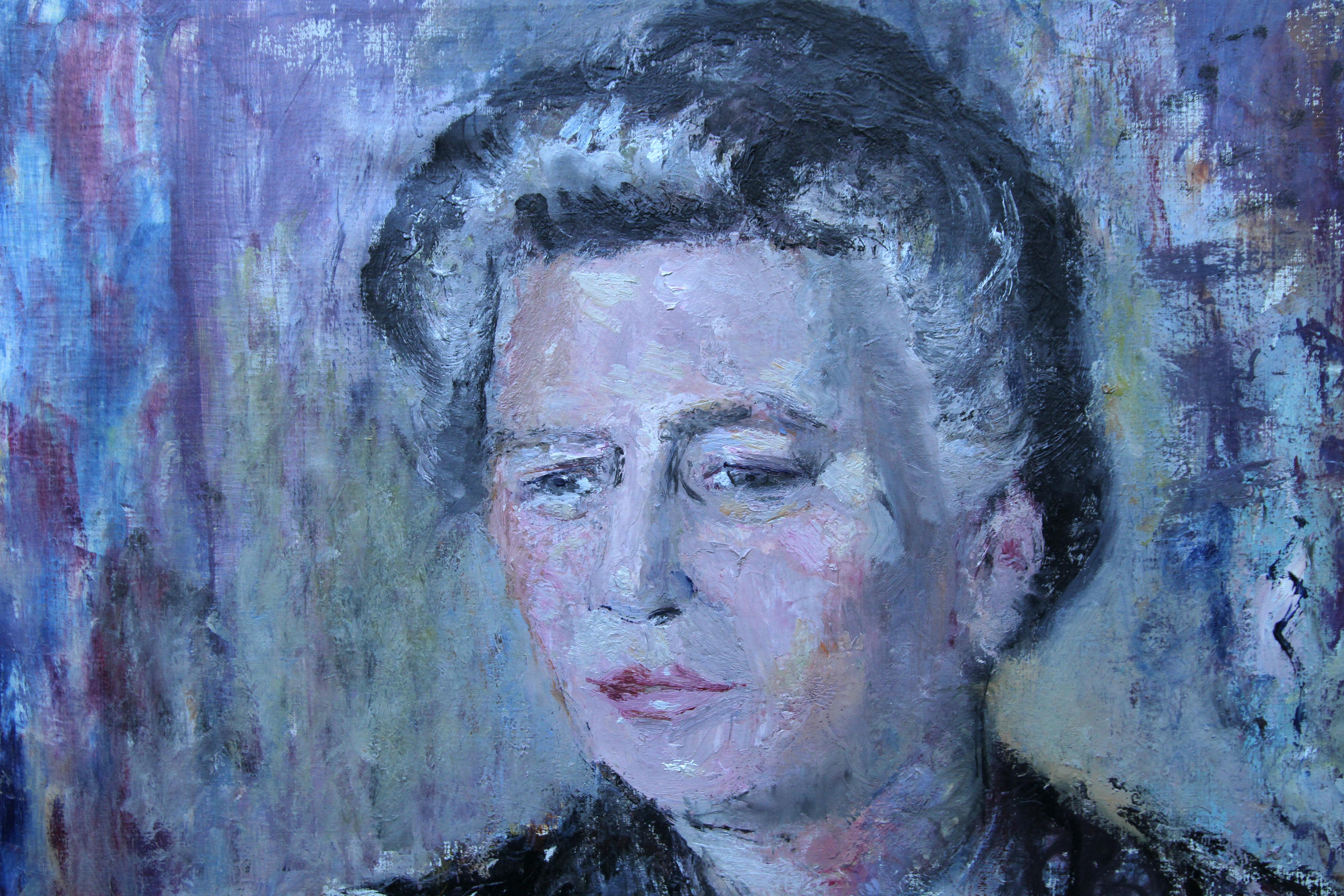 Lady in Purple - Peinture à l'huile impressionniste britannique des années 50 - Portrait de femme - Artiste en vente 1