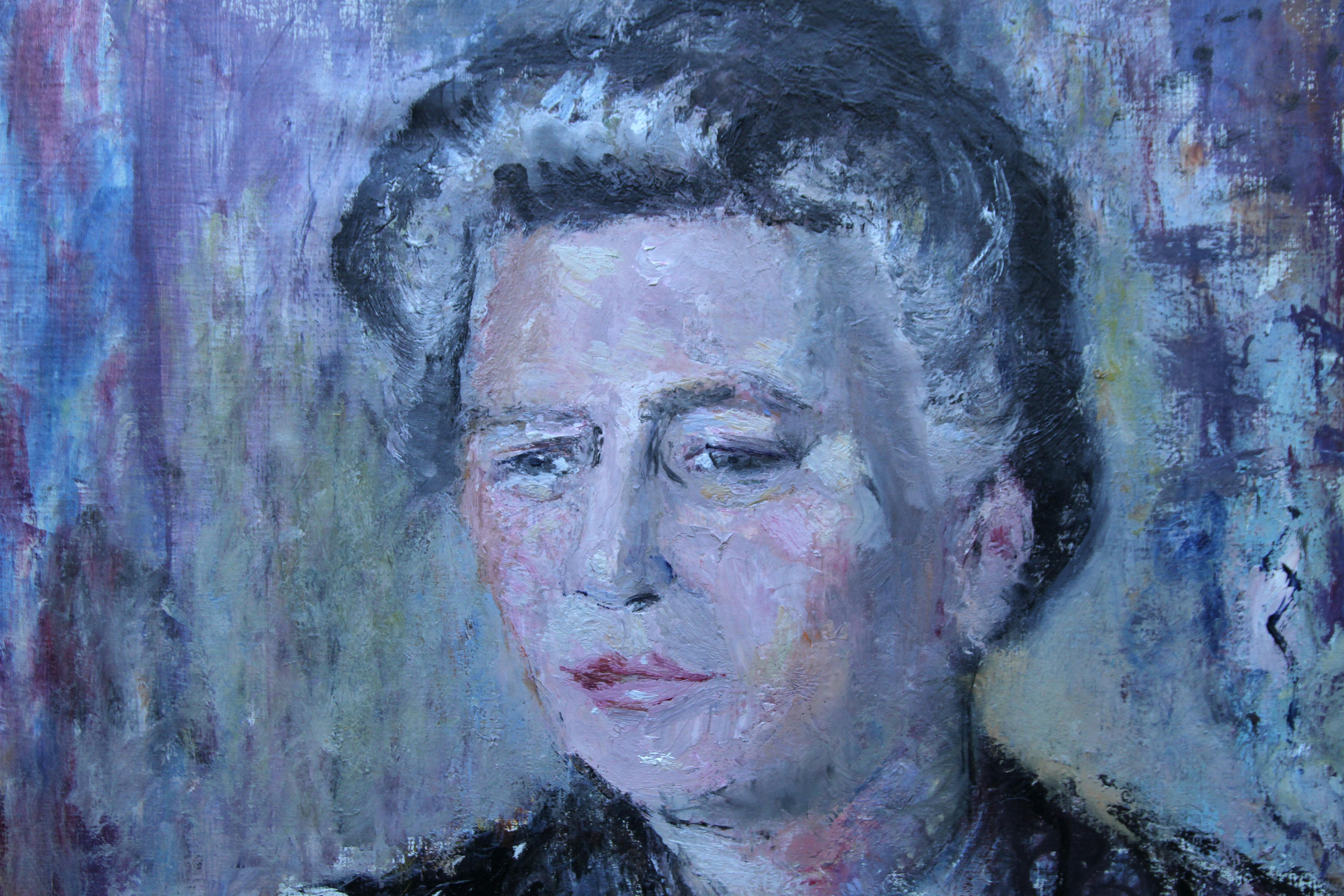 Lady in Purple - Peinture à l'huile impressionniste britannique des années 50 - Portrait de femme - Artiste en vente 2