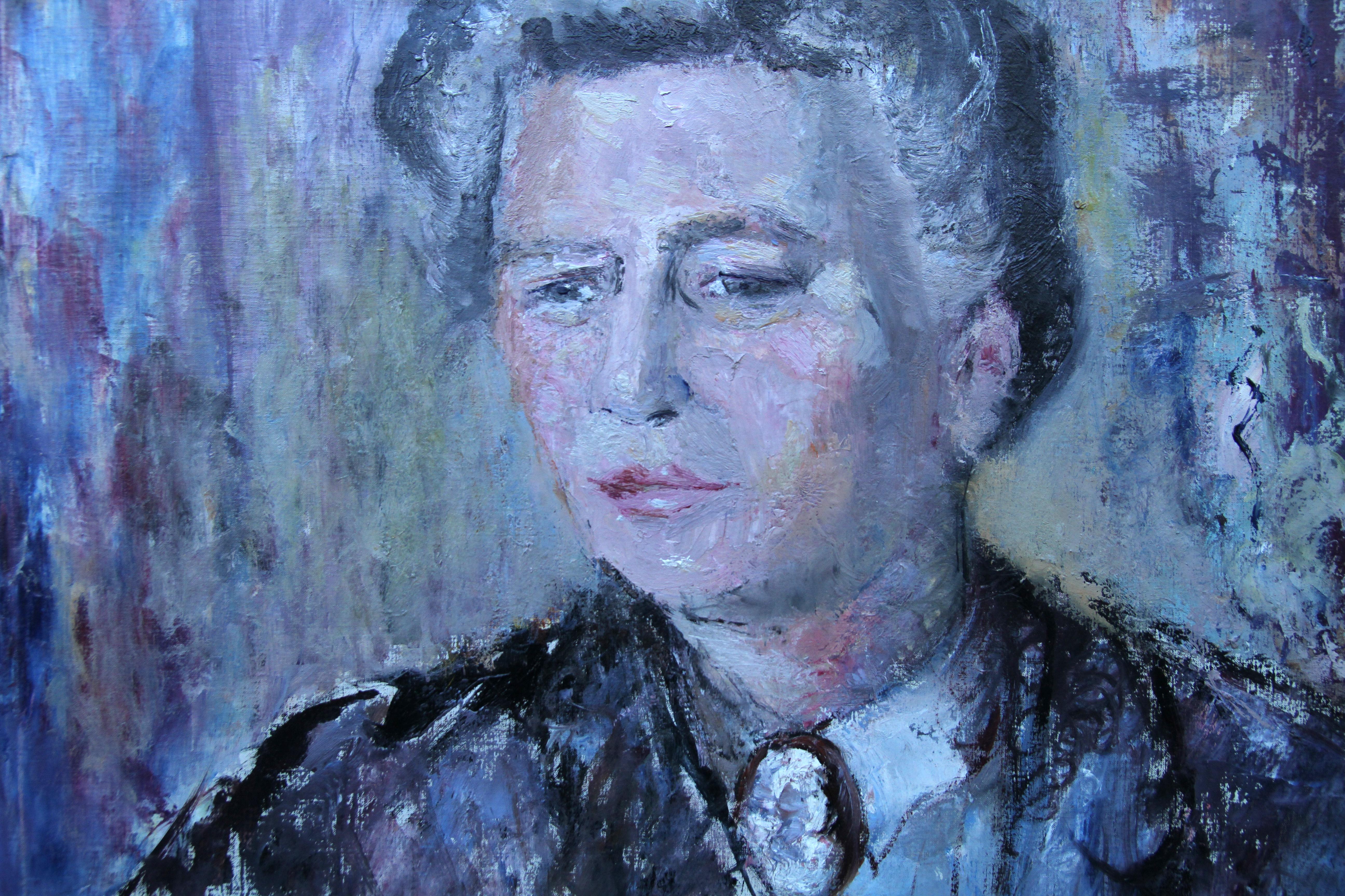 Lady in Purple - Peinture à l'huile impressionniste britannique des années 50 - Portrait de femme - Artiste en vente 4