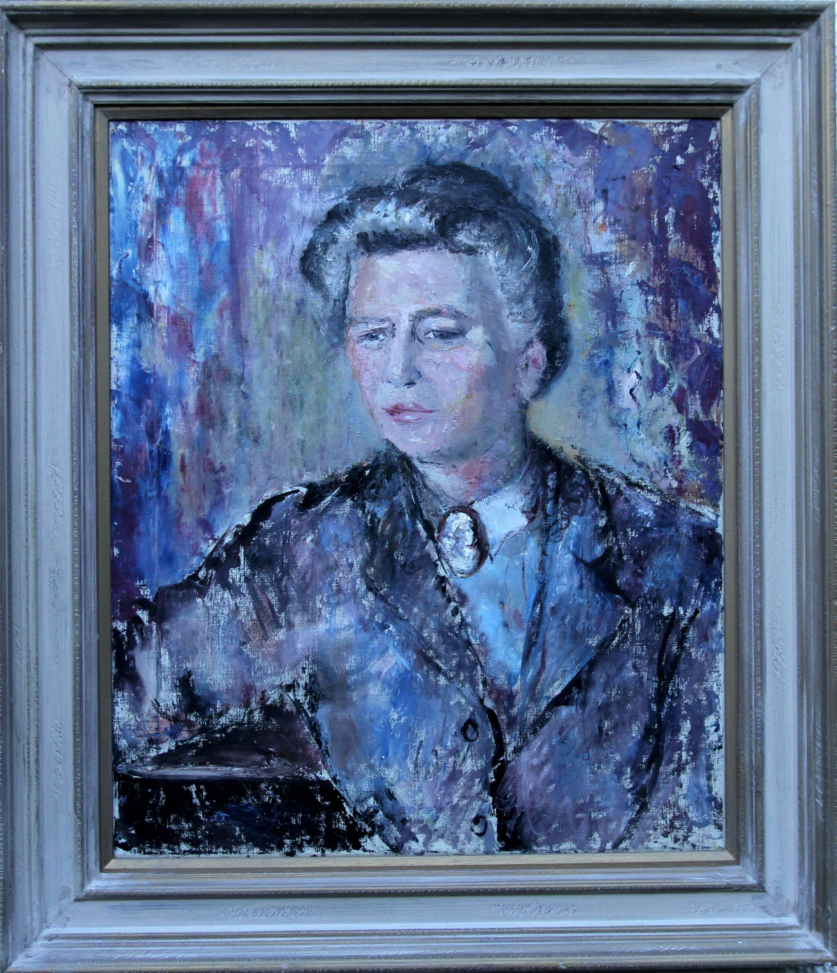 Portrait Painting Pauline Glass - Lady in Purple - Peinture à l'huile impressionniste britannique des années 50 - Portrait de femme - Artiste