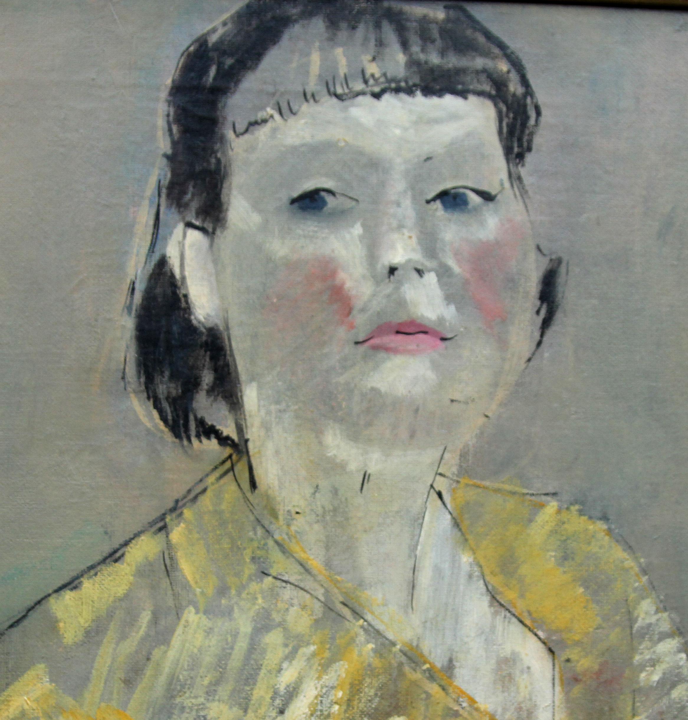 Lady in Yellow Portrait - British 50's Impressionist oil painting female artist For Sale 7