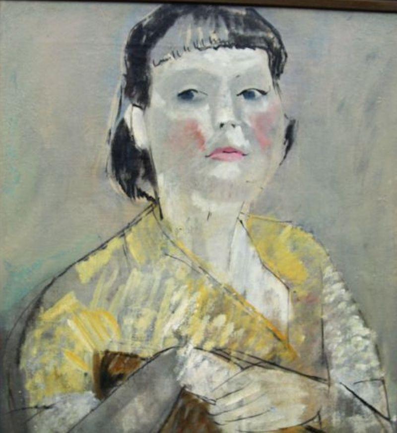 Lady in Yellow Portrait - British 50's Impressionist oil painting female artist For Sale 8