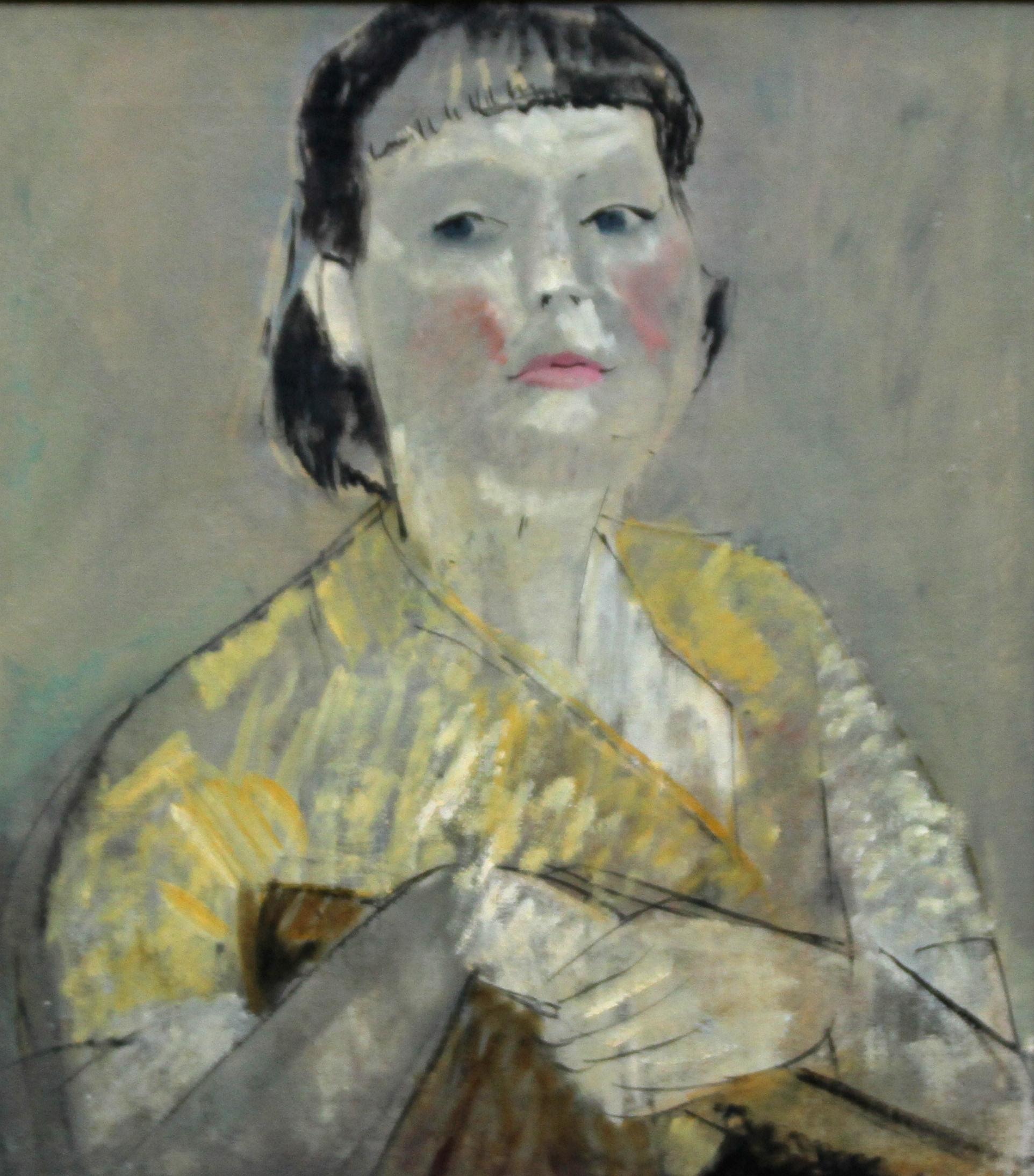 Lady in Yellow Portrait - British 50's Impressionist oil painting female artist - Painting by Pauline Glass