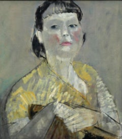 Retrato de dama en amarillo - Pintura al óleo impresionista británica de los años 50 artista femenina