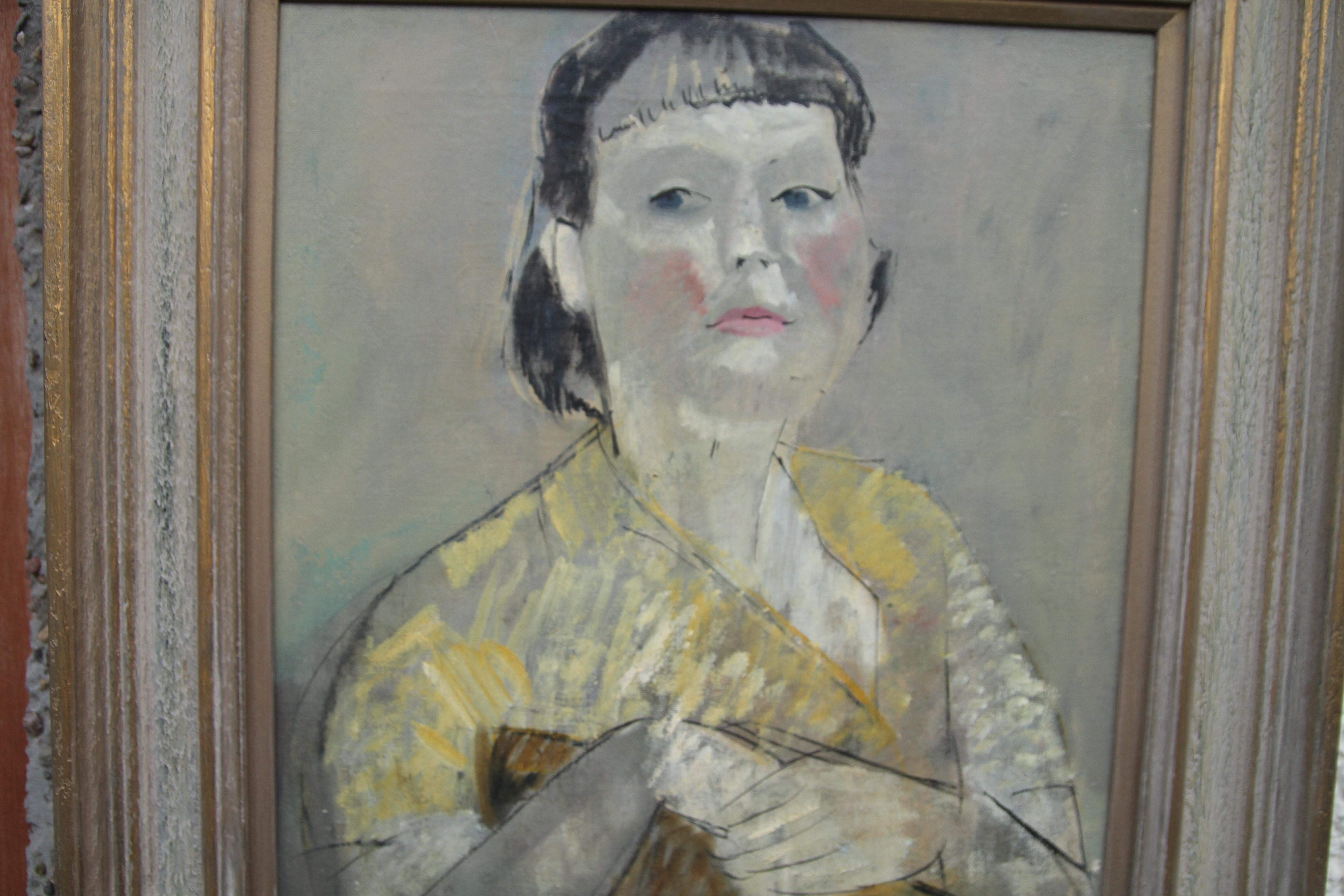 Lady in Yellow Portrait - British 50's Impressionist oil painting female artist For Sale 1