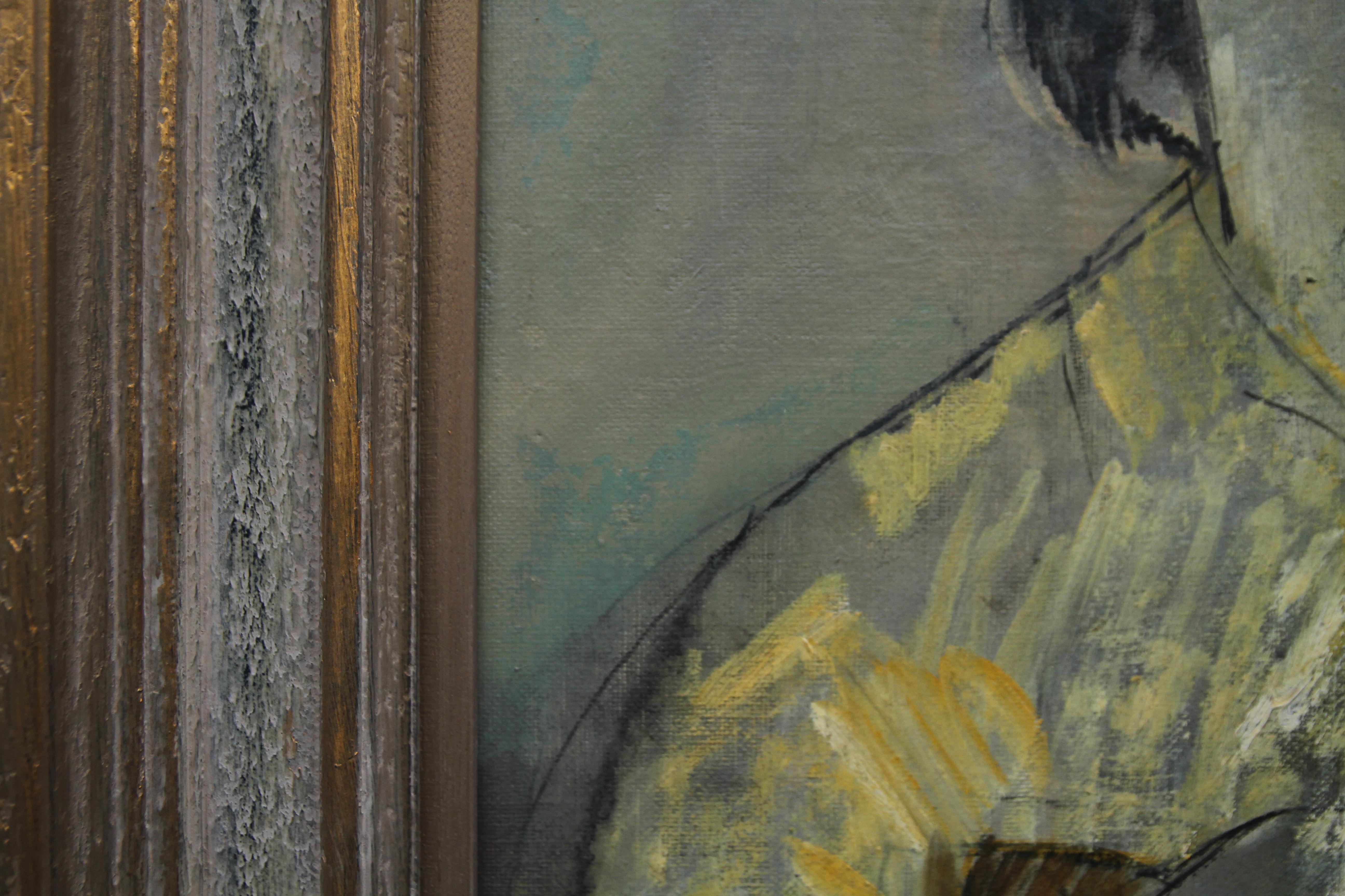 Lady in Yellow Portrait - British 50's Impressionist oil painting female artist For Sale 2