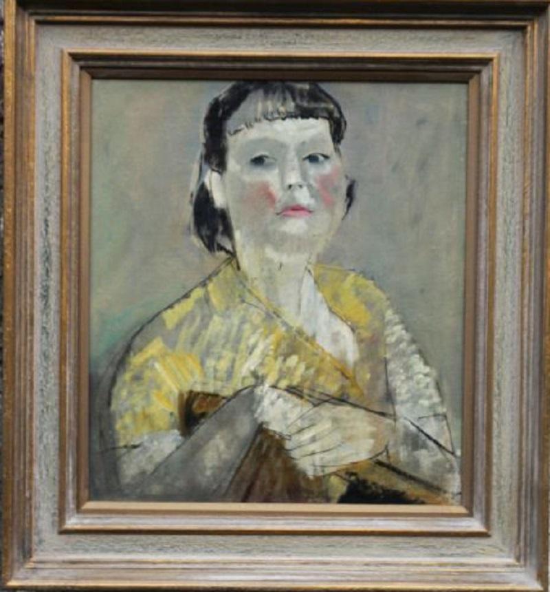 Pauline Glass Portrait Painting - Lady in Yellow Portrait - British 50's Impressionist oil painting female artist