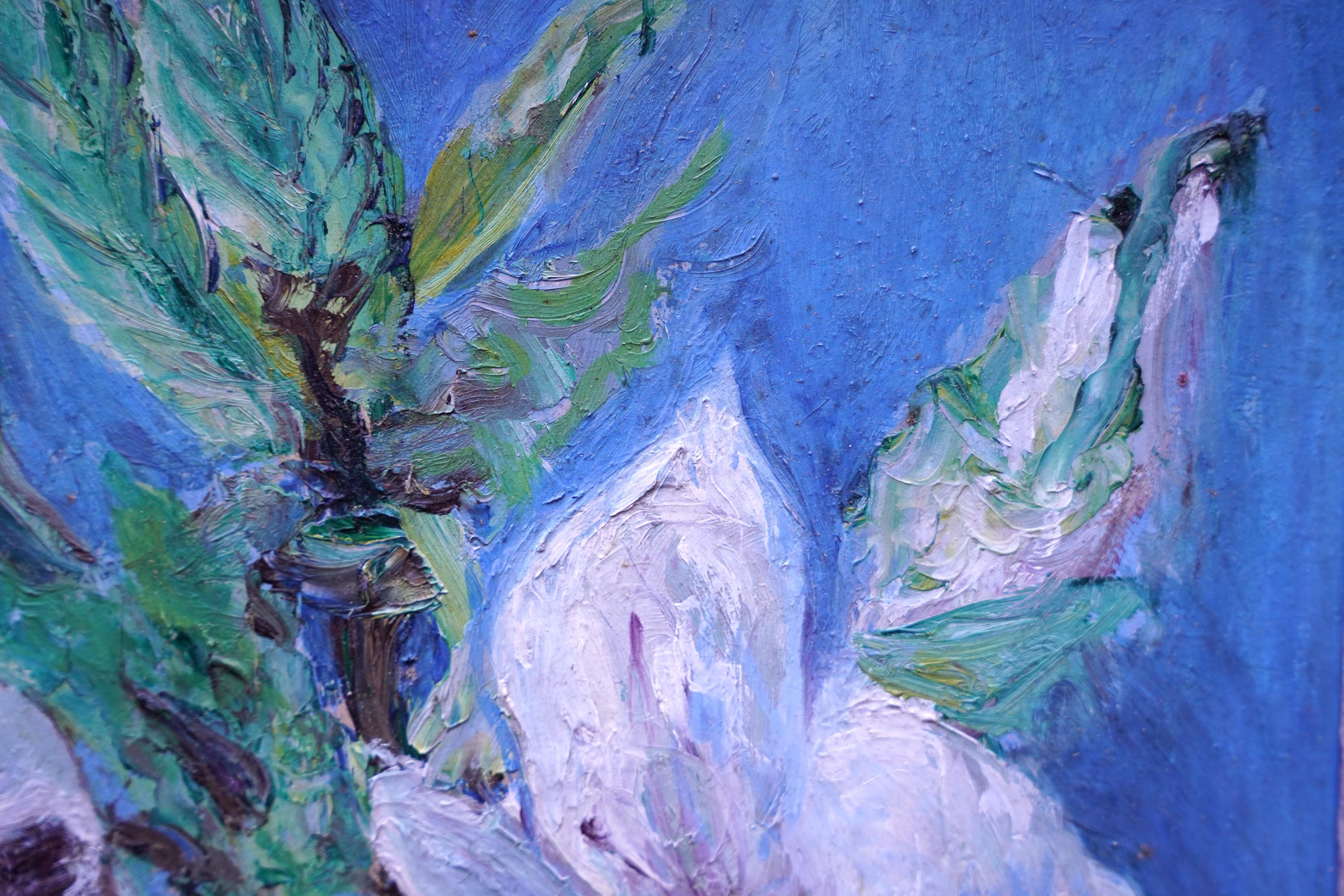 Diese schöne britische Post-Impressionist floral Ölgemälde auf dem Brett ist von bekannten Künstlerin Pauline Glass. Es wurde 1978 in der Royal Academy ausgestellt und trägt das Label auf der Rückseite. Die Komposition besteht aus einer Nahaufnahme