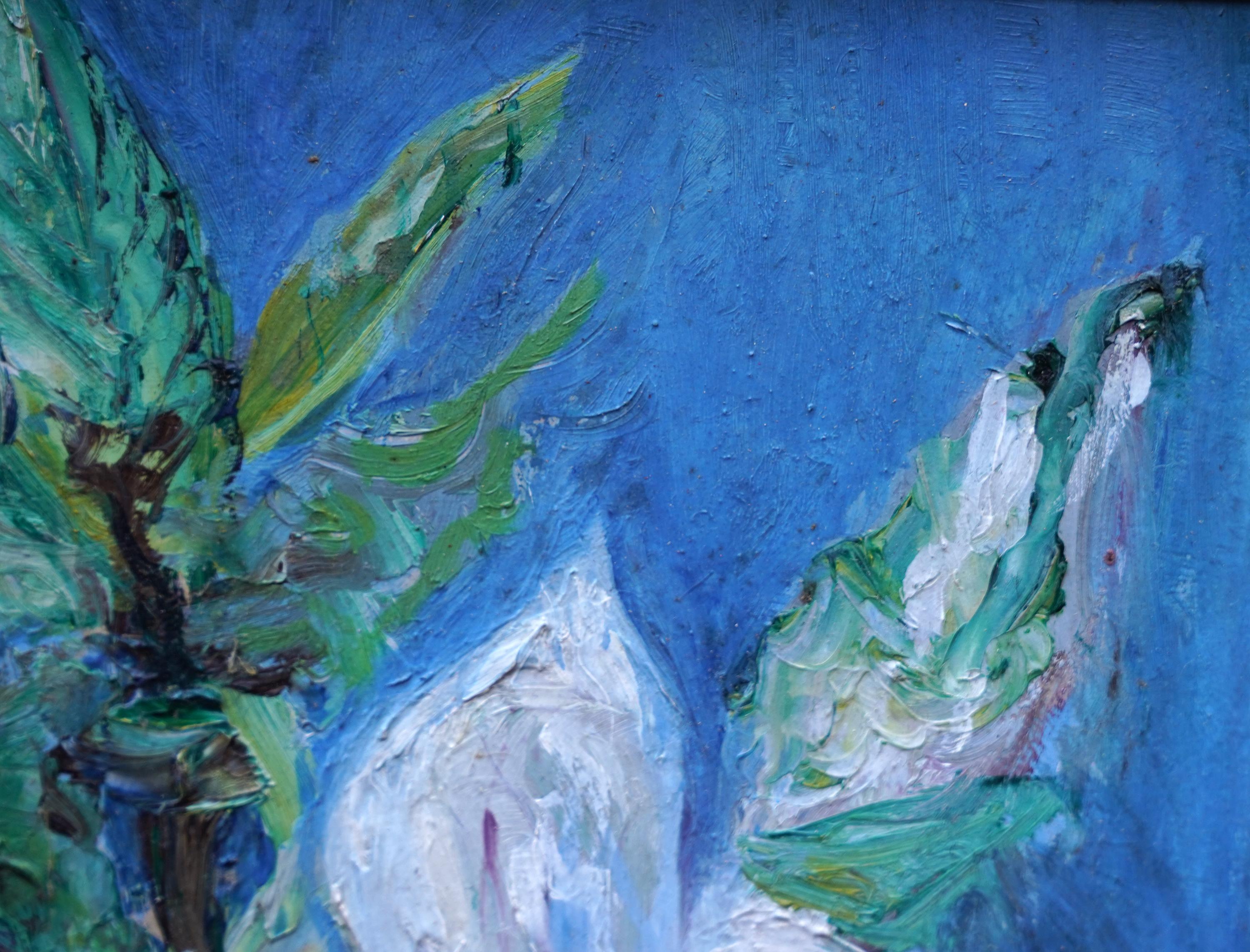 Magnolien auf Blau - Britische 70er Jahre Ausstellung florale Kunst Ölgemälde Blumen im Angebot 2