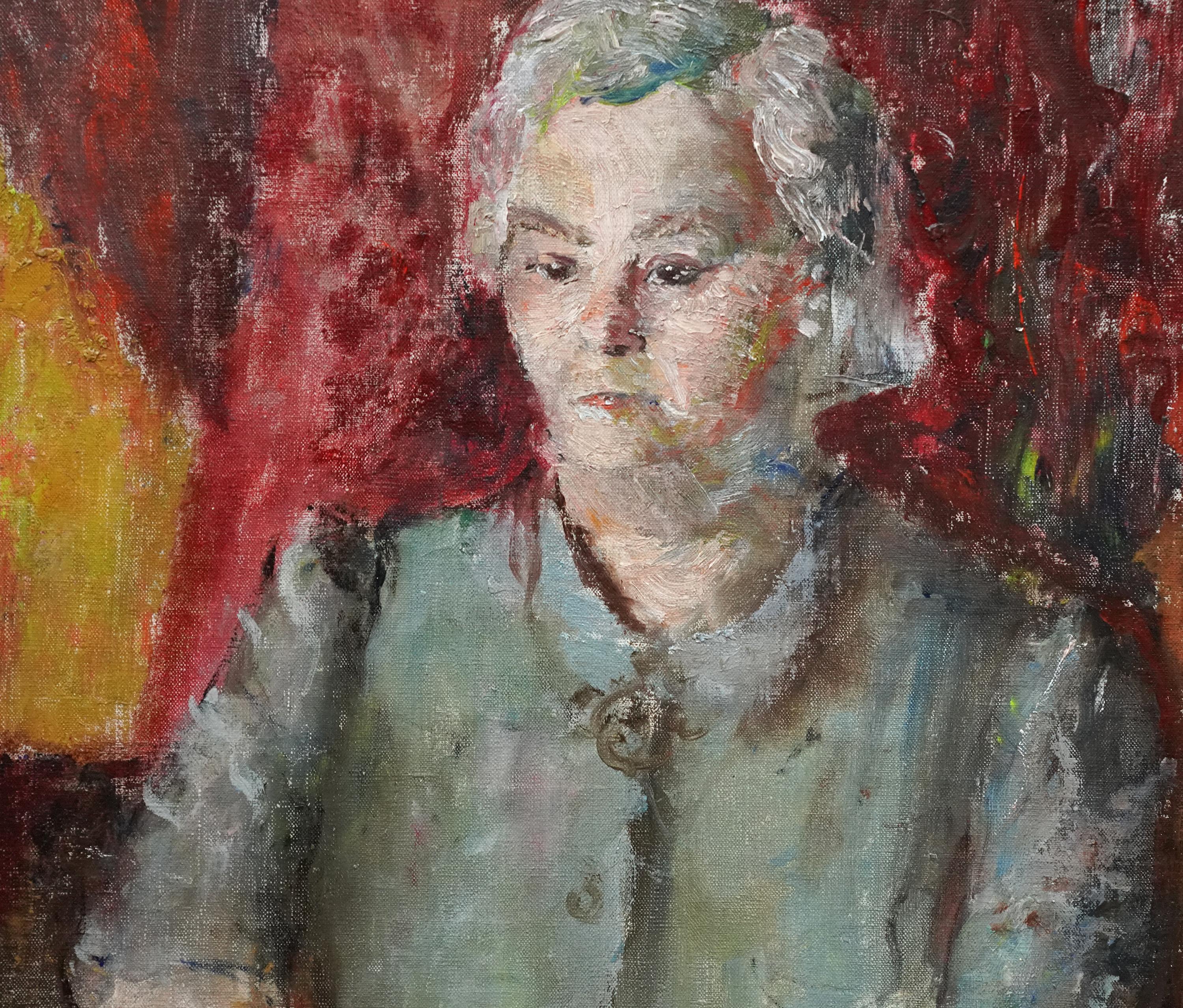 Ritratto di signora - Quadro ad olio d'arte britannico post impressionista ex anni '50 - Portrait Painting Grigio di Pauline Glass