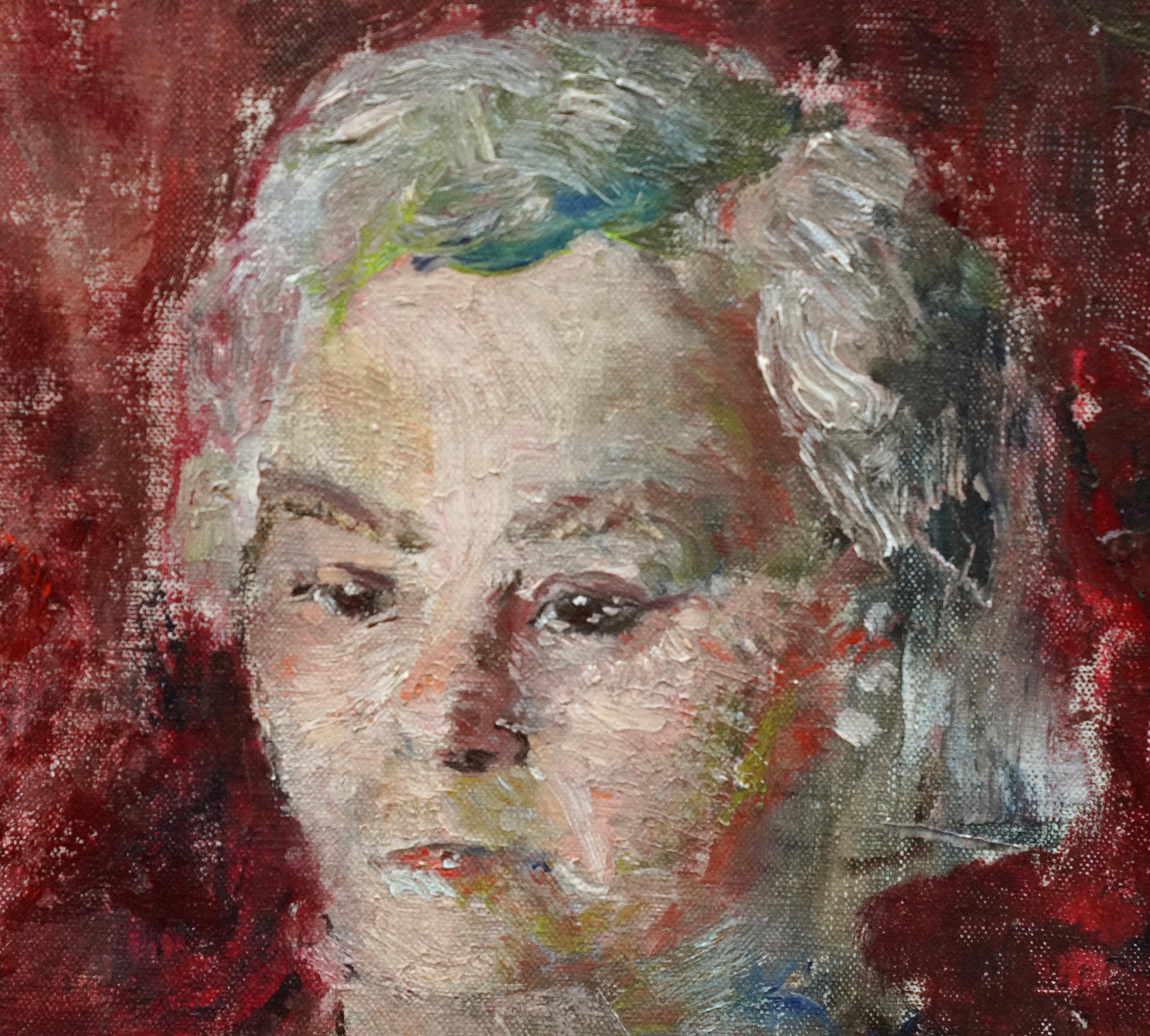 Un olio originale su pannello di Pauline Glass. Questo splendido olio è un ritratto di donna audace, avventuroso e sicuro di sé realizzato da un'artista britannica di grande talento. I paragoni con Joan Eardley e Anne Redpath non sono lontani e