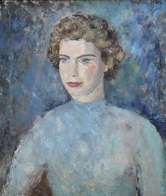 Retrato de una dama de azul - Pintura al óleo de arte británico postimpresionista de los años 50
