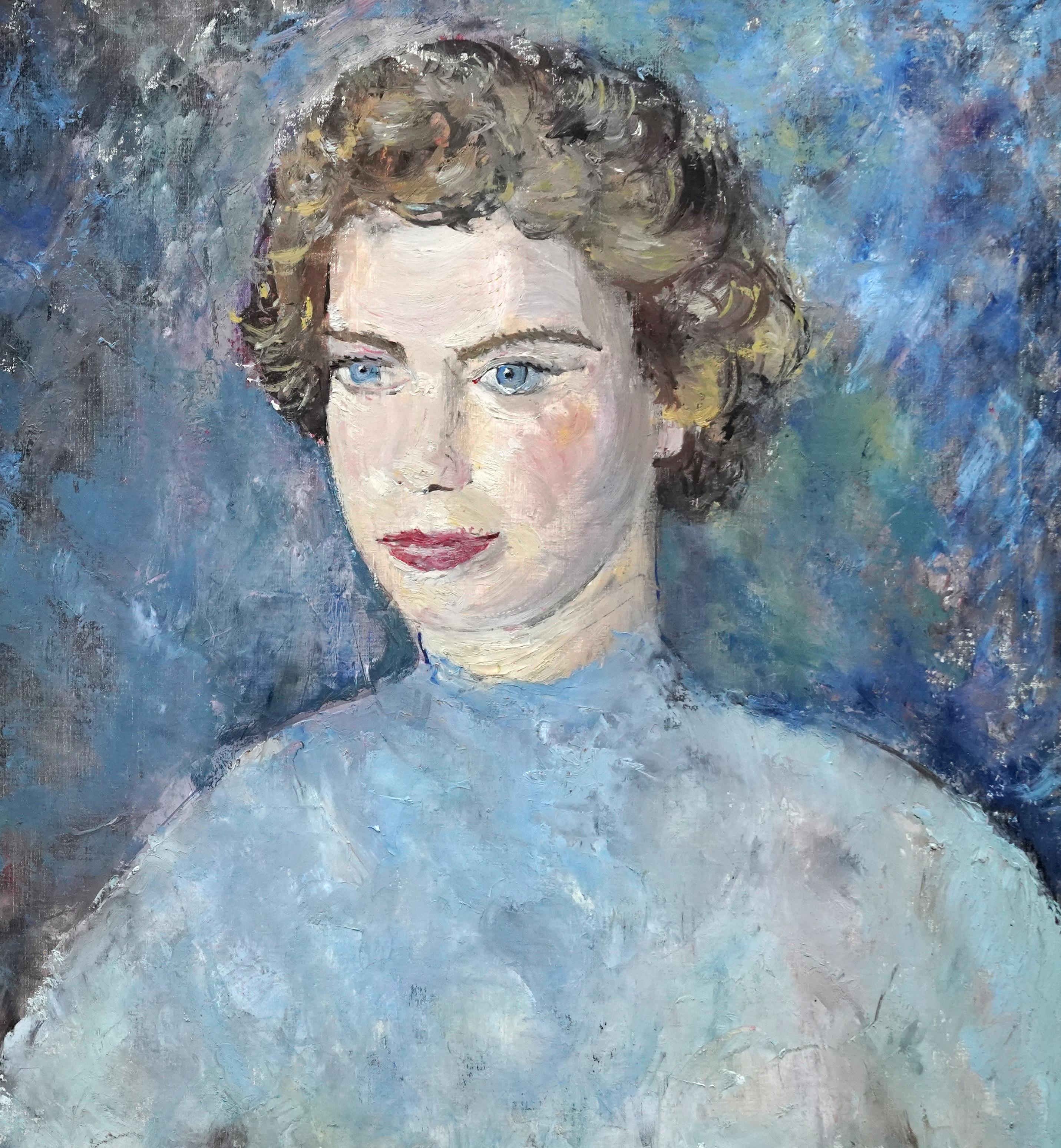 Portrait d'une dame en bleu - peinture à l'huile britannique post-impressionniste des années 50 - Post-impressionnisme Painting par Pauline Glass