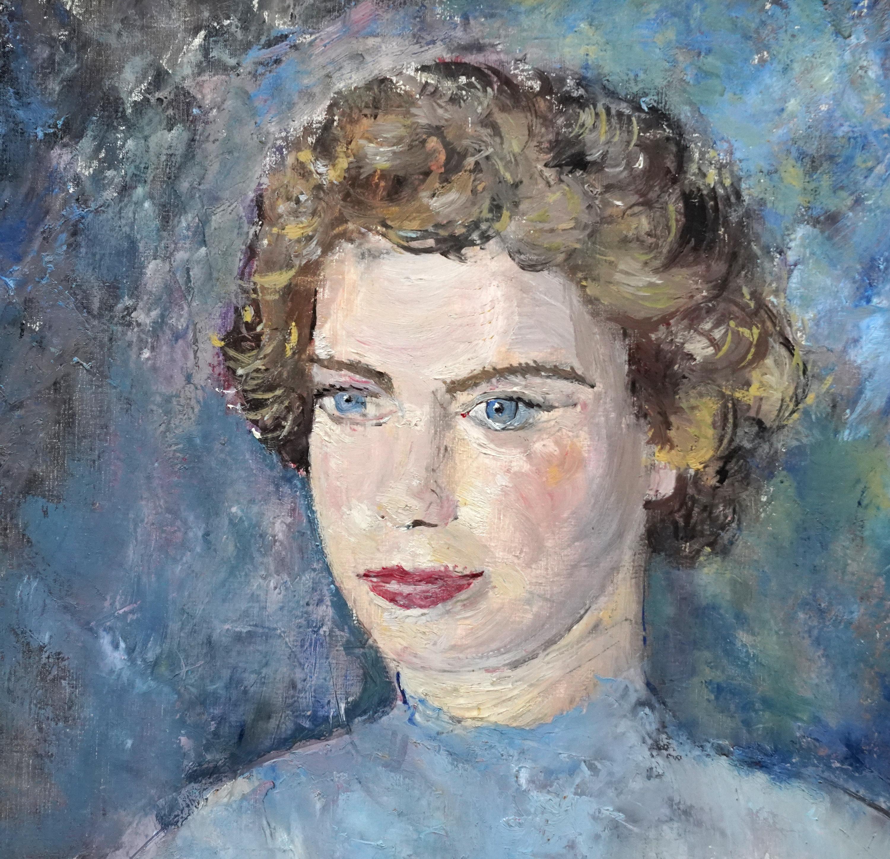 Portrait d'une dame en bleu - peinture à l'huile britannique post-impressionniste des années 50 - Gris Portrait Painting par Pauline Glass