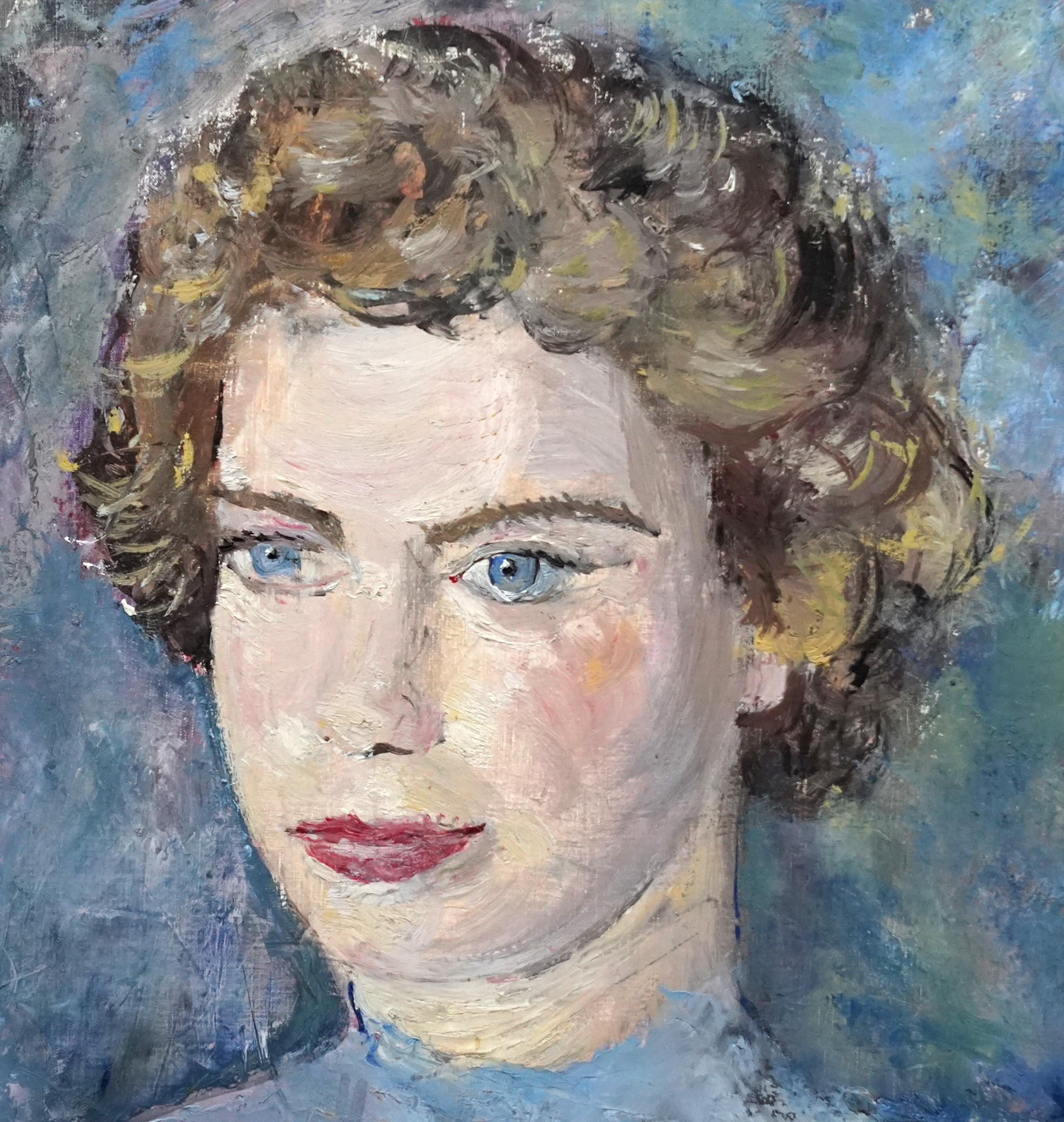 Cet intéressant portrait à l'huile post-impressionniste britannique est l'œuvre de la célèbre artiste Pauline Glass. Peint vers 1950, il s'agit d'une généreuse tête et épaules d'une dame vêtue de bleu sur un fond bleu. Les audacieux coups de pinceau