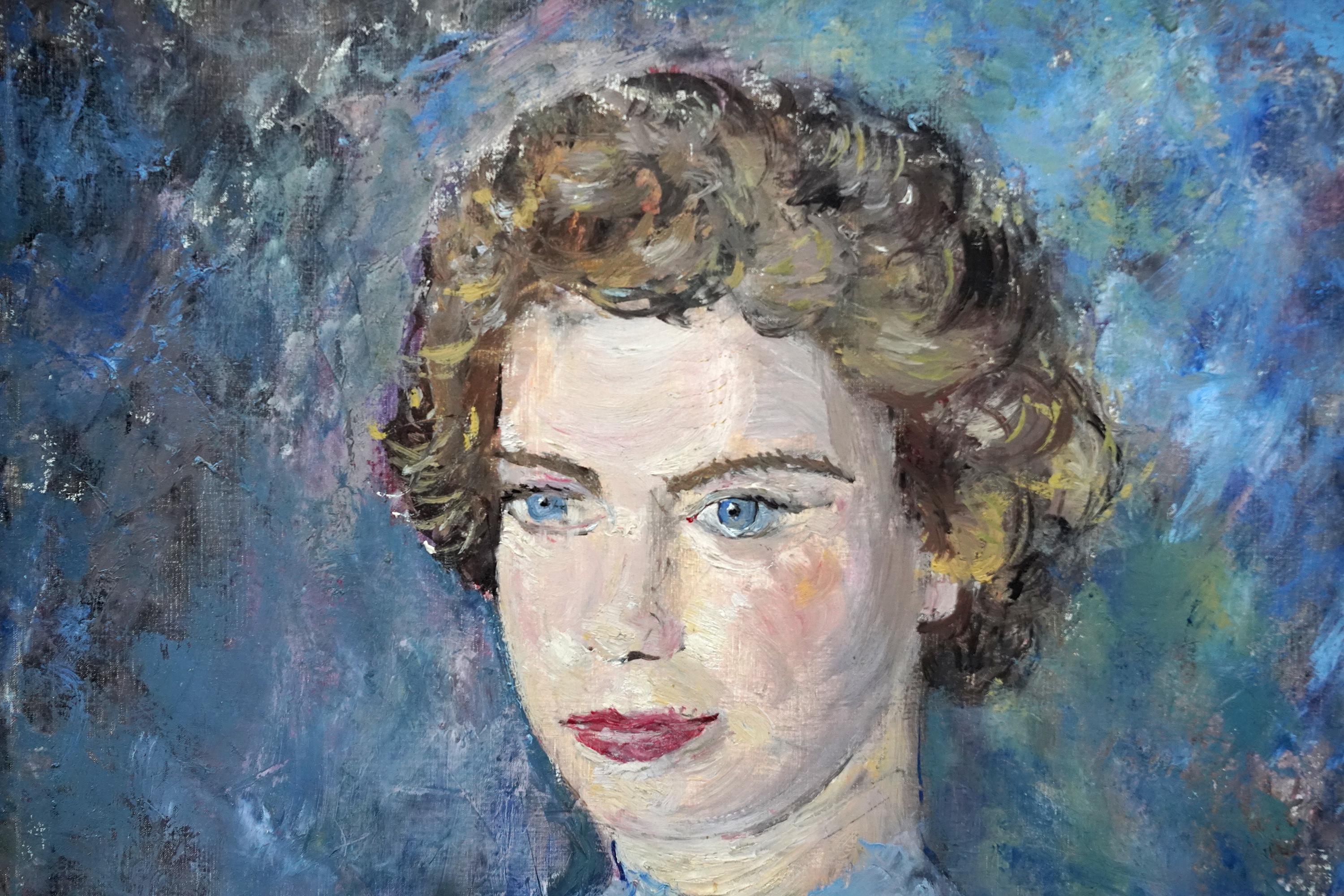 Portrait d'une dame en bleu - peinture à l'huile britannique post-impressionniste des années 50 en vente 1
