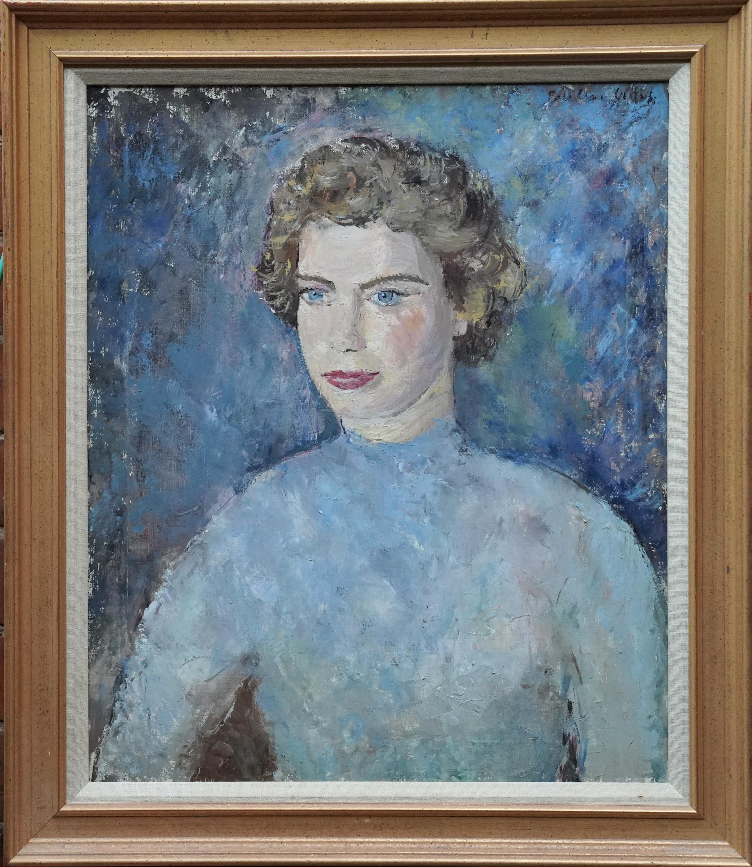 Portrait d
une dame en bleu - peinture à l
huile britannique post-impressionniste des années 50