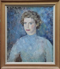 Porträt einer Dame in Blau - Britischer Post-Impressionismus 50er Jahre Kunst Ölgemälde