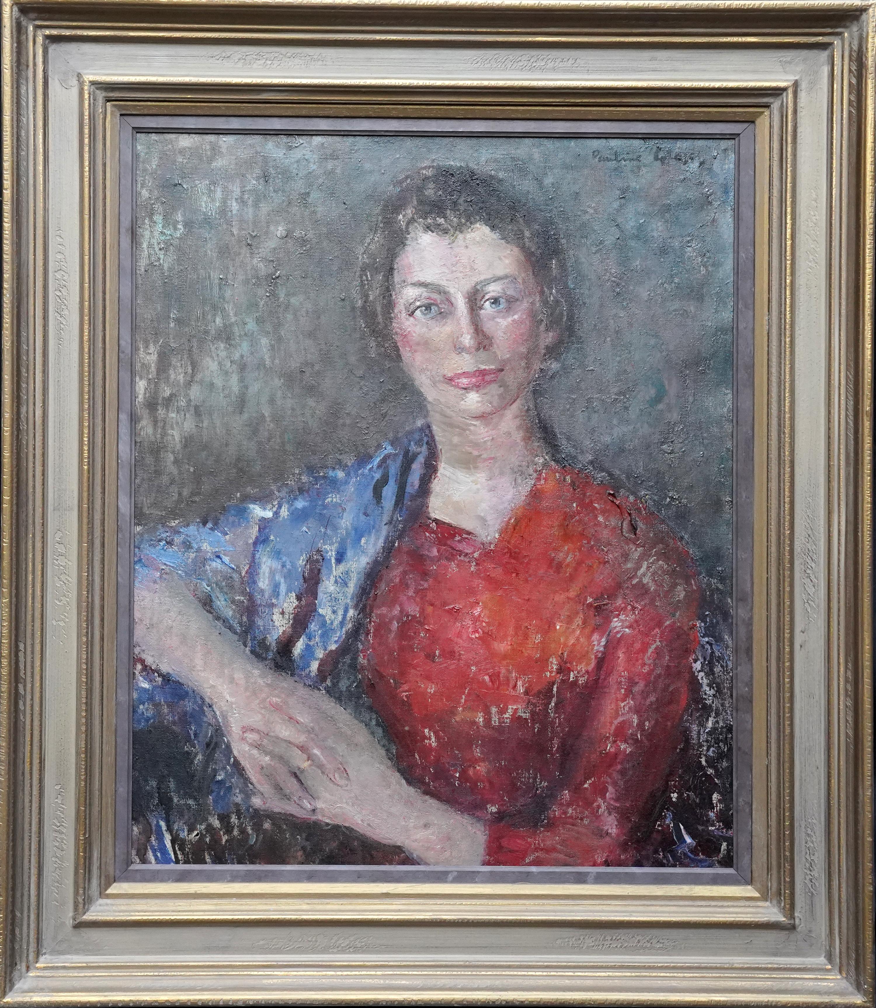 Porträt von Sybyl in Rot - Britischer Post-Impressionismus 1950er Jahre Kunst Ölgemälde im Angebot 6
