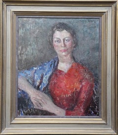 Porträt von Sybyl in Rot - Britischer Post-Impressionismus 1950er Jahre Kunst Ölgemälde