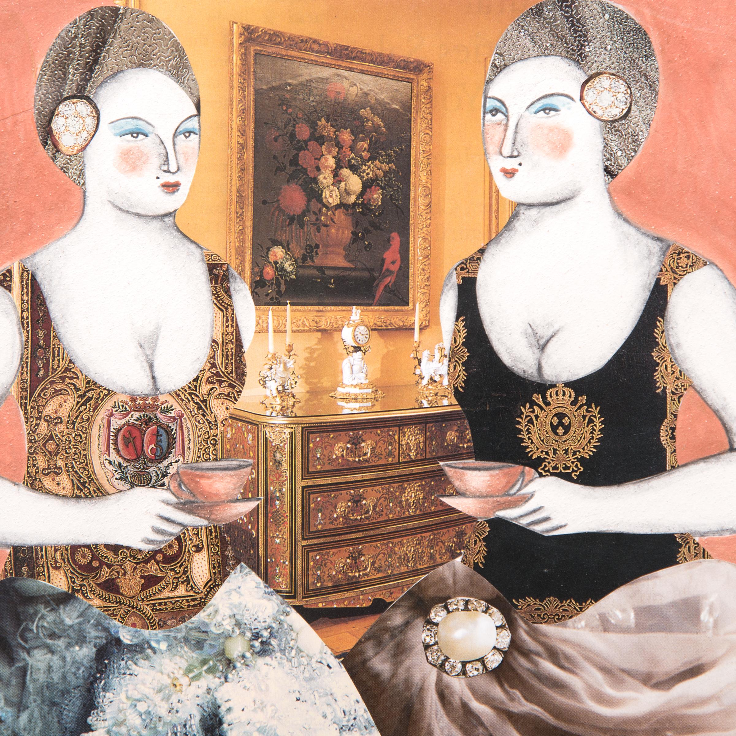 „Ladies at Tea“, Mixed Media-Kacheln, 2007 (Surrealismus), Mixed Media Art, von Pauline Hughes