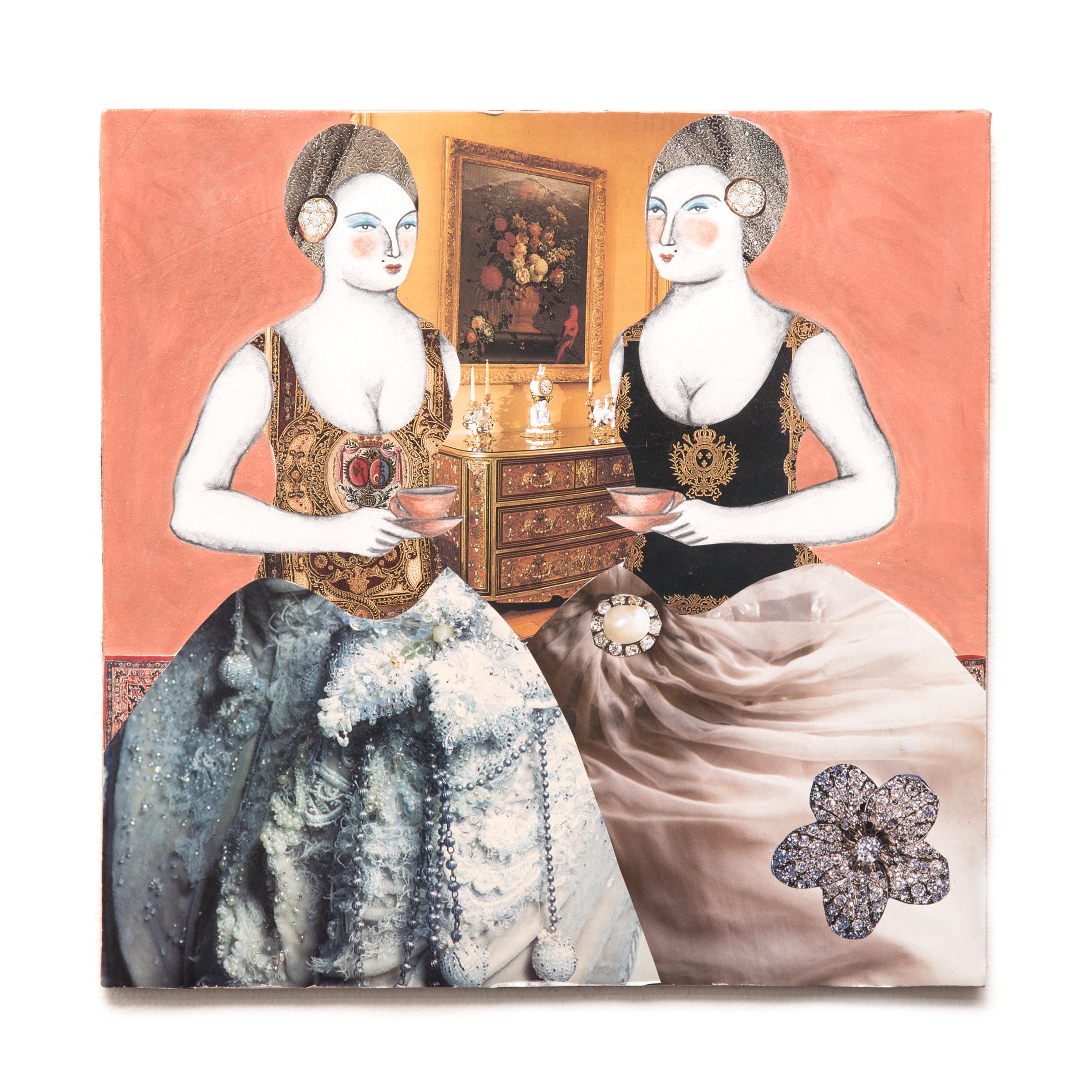 "Ladies at Tea, " Mixed Media Tile, 2007 - Mixed Media Art by Pauline Hughes