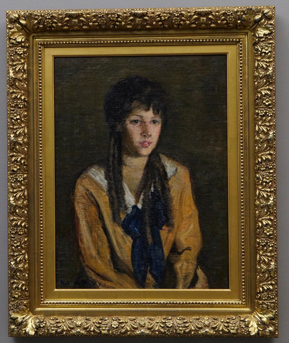 Artist: Pauline McKay
Title: Young Girl with Navy Bow
Medium: Painting oil on canvas. Framed, elaborate guilt frame.
Measurement: 24 x 18.
Provenance: Butler Fine Art Gallery, New Canaan, CT.