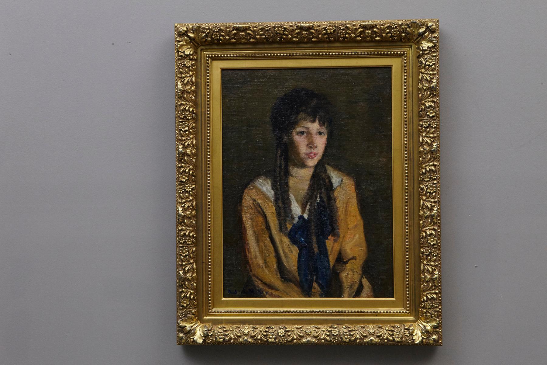 American Pauline McKay, Young Girl with Navy Bow, Oil on Canvas For Sale