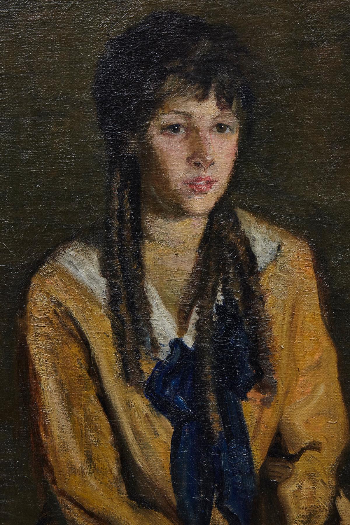 20th Century Pauline McKay, Young Girl with Navy Bow, Oil on Canvas For Sale