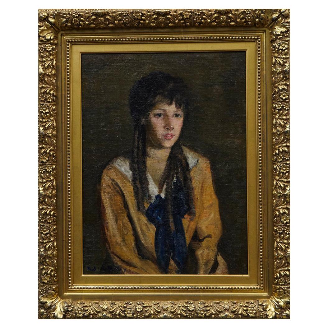 Pauline McKay, Young Girl with Navy Bow, Oil on Canvas For Sale