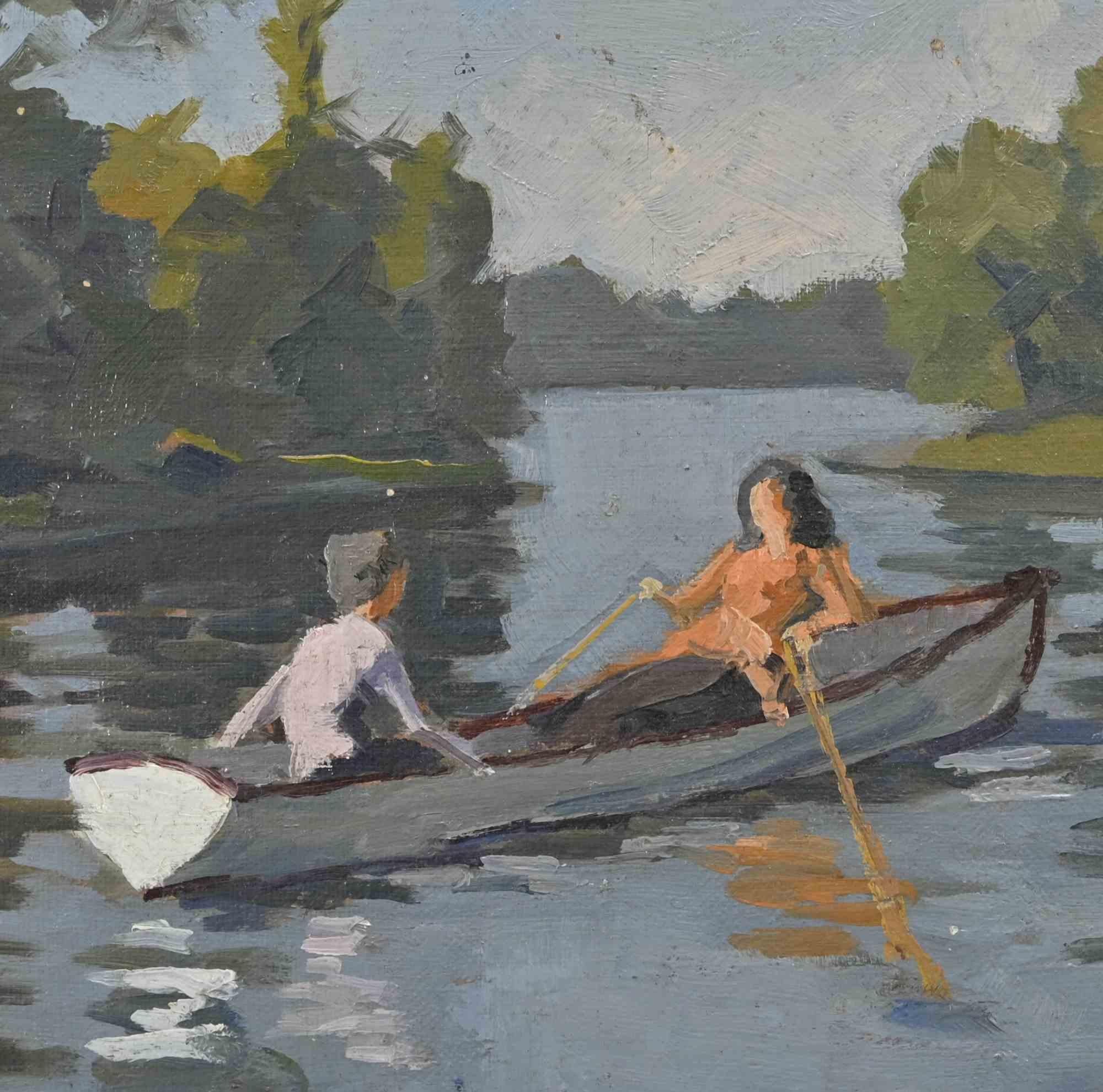 Trip to the Lake - Oil Paint by Pauline Minartz - Early 20th Century For Sale 1