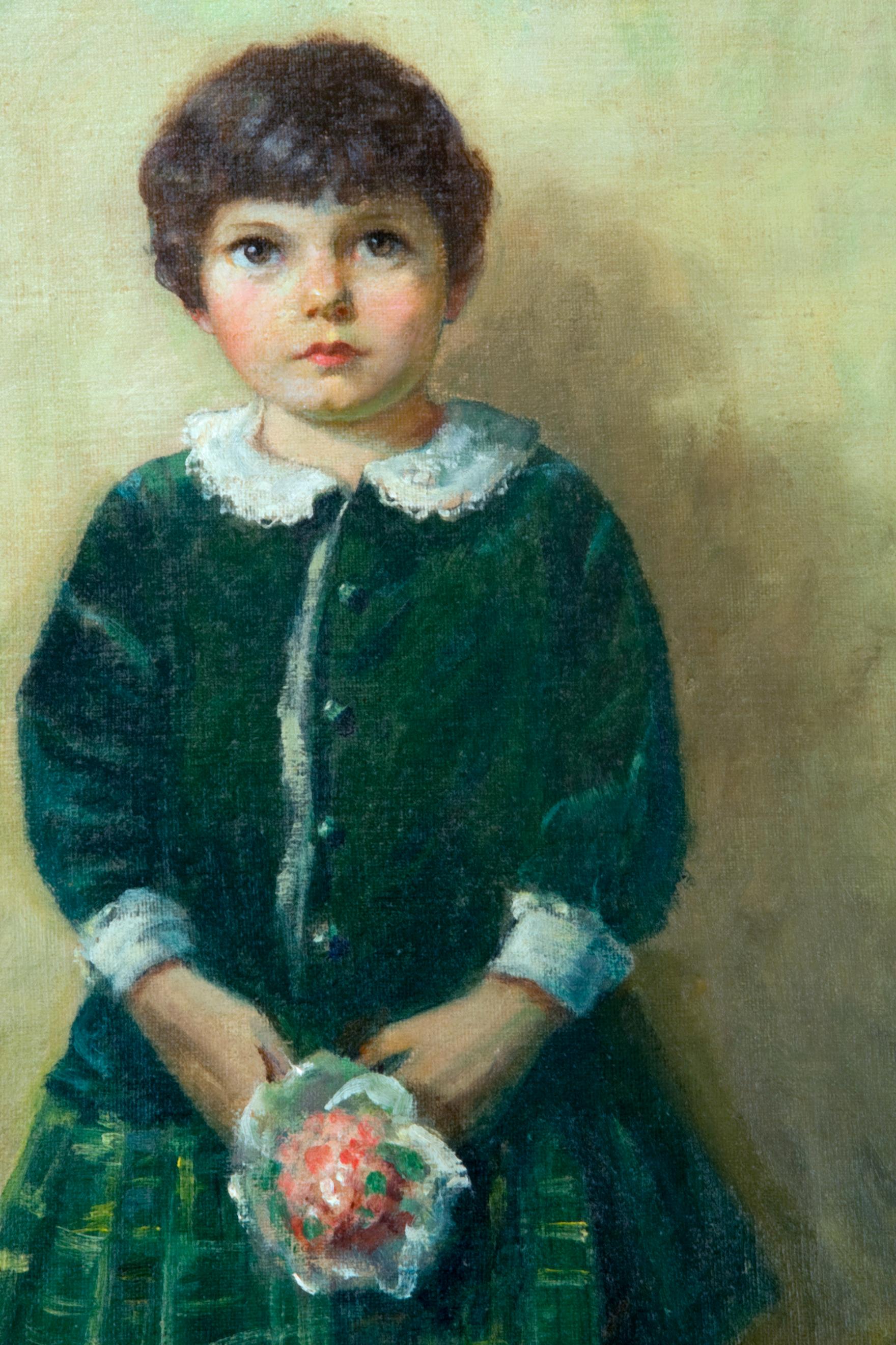 19th Century painting of young child in green by American Artist, Pauline Palmer For Sale 1