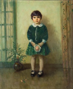 19th Century painting of young child in green by American Artist, Pauline Palmer