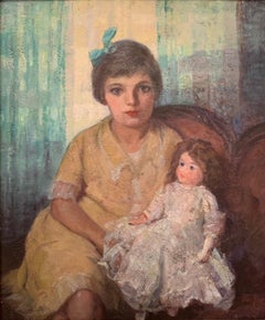 A Young Woman And Doll American Impressionist Figurative Antique O/C Painting