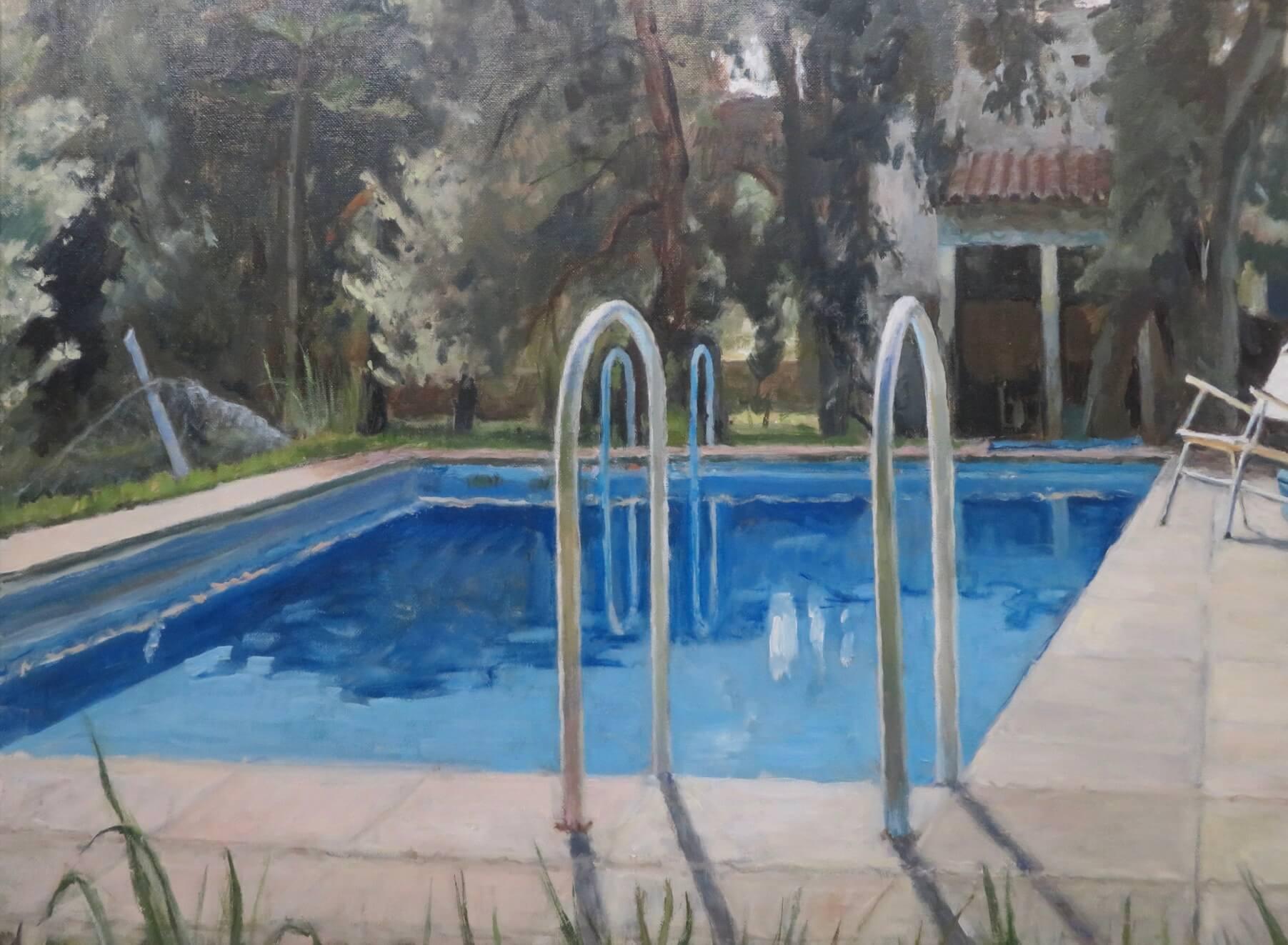 20. Jahrhundert Ölgemälde der englischen Künstlerin Pauline Plummer - Swimming Pool in Frankreich im Angebot 1