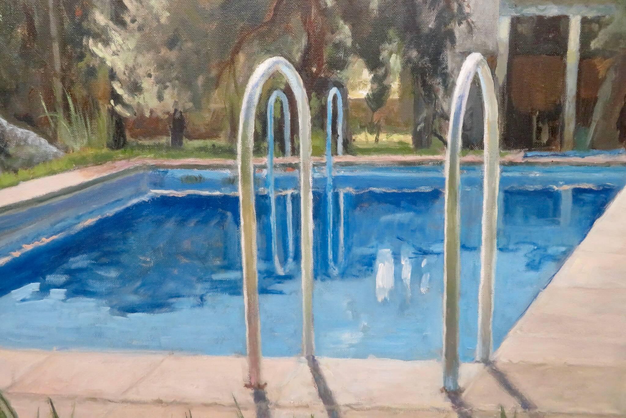 20. Jahrhundert Ölgemälde der englischen Künstlerin Pauline Plummer - Swimming Pool in Frankreich im Angebot 2