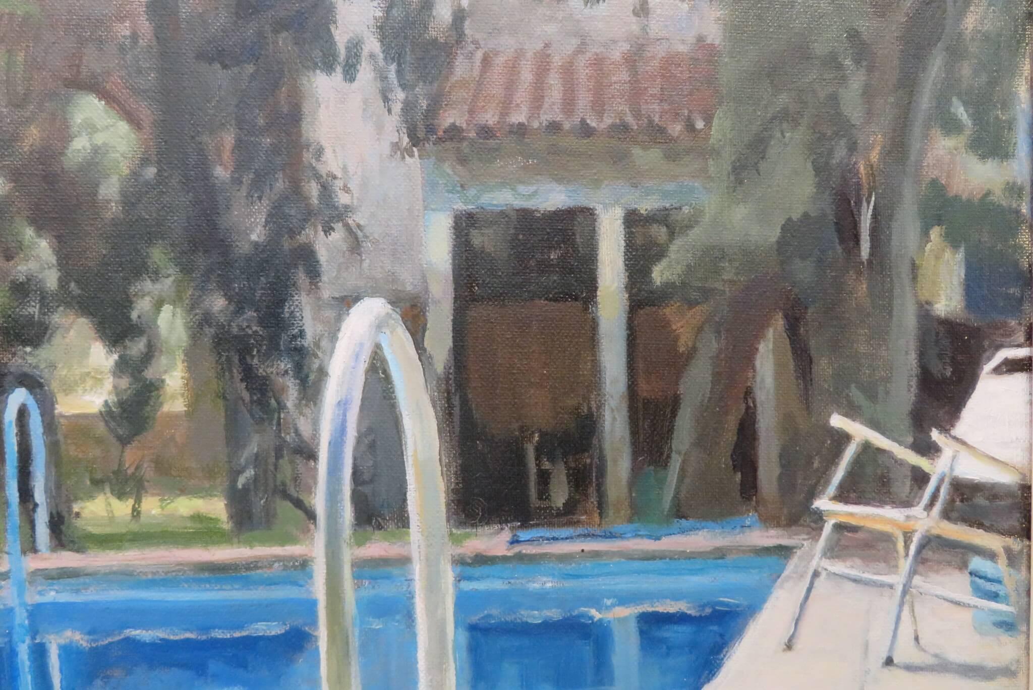 20. Jahrhundert Ölgemälde der englischen Künstlerin Pauline Plummer - Swimming Pool in Frankreich im Angebot 3