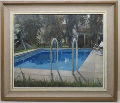 20thC Oil Painting by English artist Pauline Plummer - Swimming Pool in France