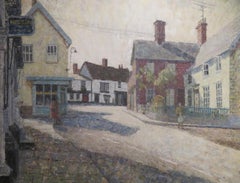 Mid Century Large English Village Street Scene ÖLGEMÄLDE von Eye Suffolk