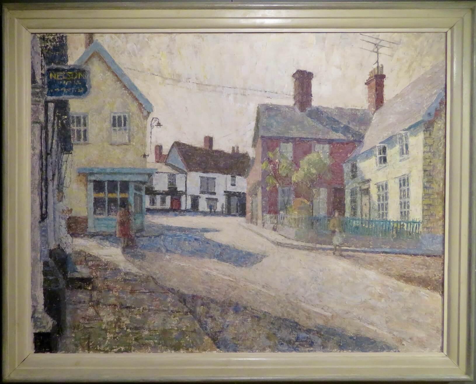 Mid Century Large English Village Street Scene ÖLGEMÄLDE von Eye Suffolk