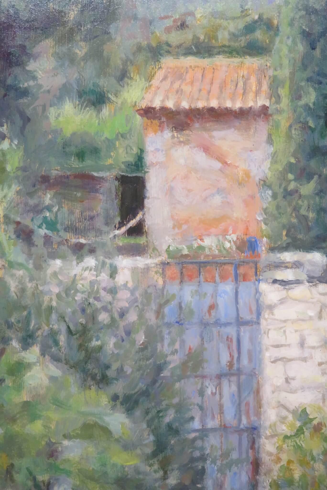 Pintura al óleo postimpresionista original francesa del siglo XX PUERTA DEL JARDÍN Lavanda - Painting de Pauline Plummer
