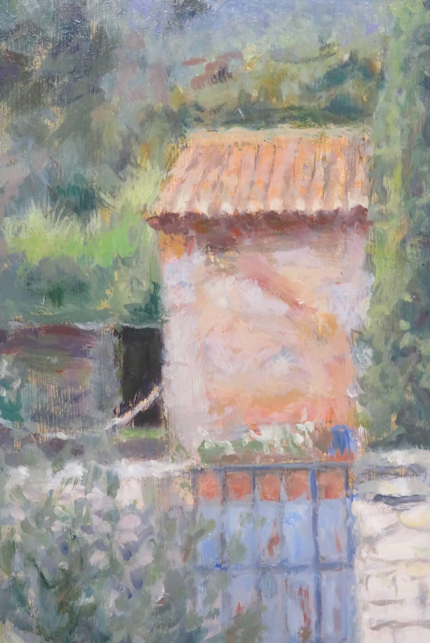 Pintura al óleo postimpresionista original francesa del siglo XX PUERTA DEL JARDÍN Lavanda - Painting Posimpresionista de Pauline Plummer