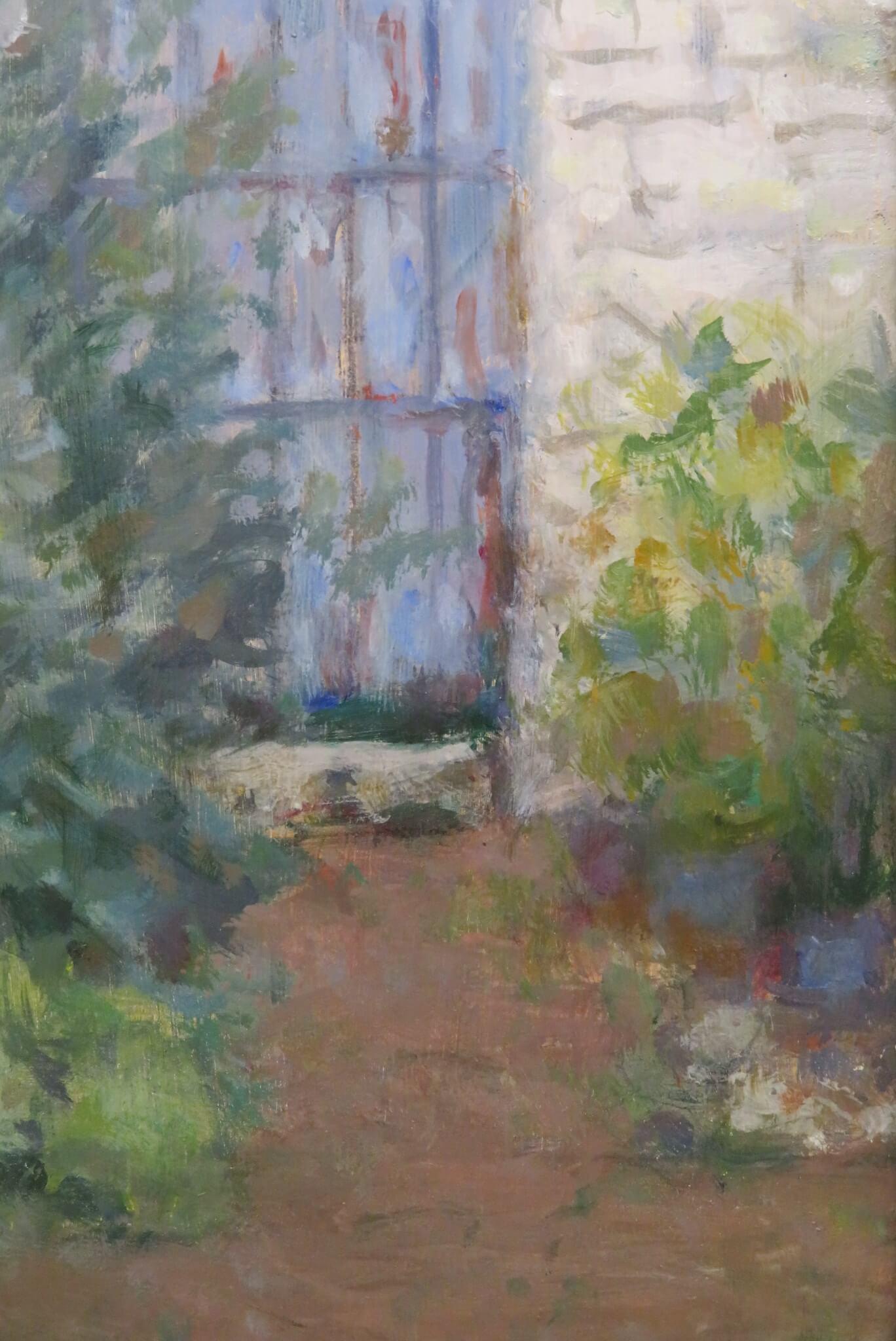 Pintura al óleo postimpresionista original francesa del siglo XX PUERTA DEL JARDÍN Lavanda - Landscape Painting Gris de Pauline Plummer