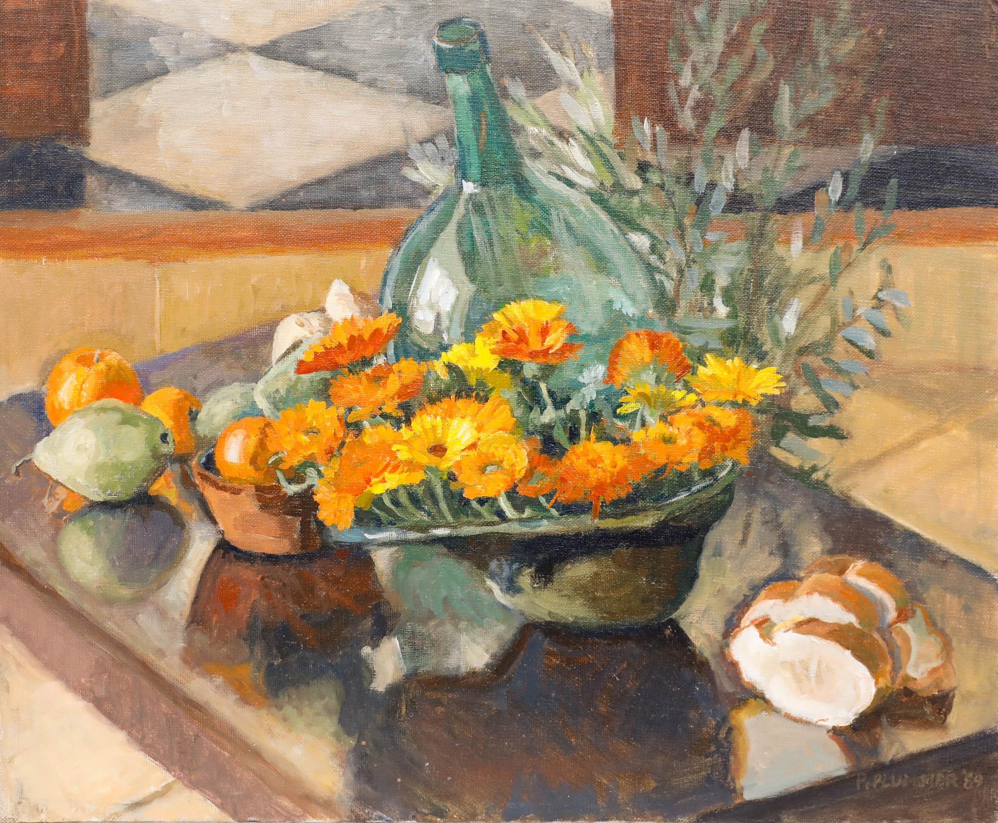 Pauline Plummer (nata nel 1933) - 1989 Olio, Natura morta con gerbere in vendita 1