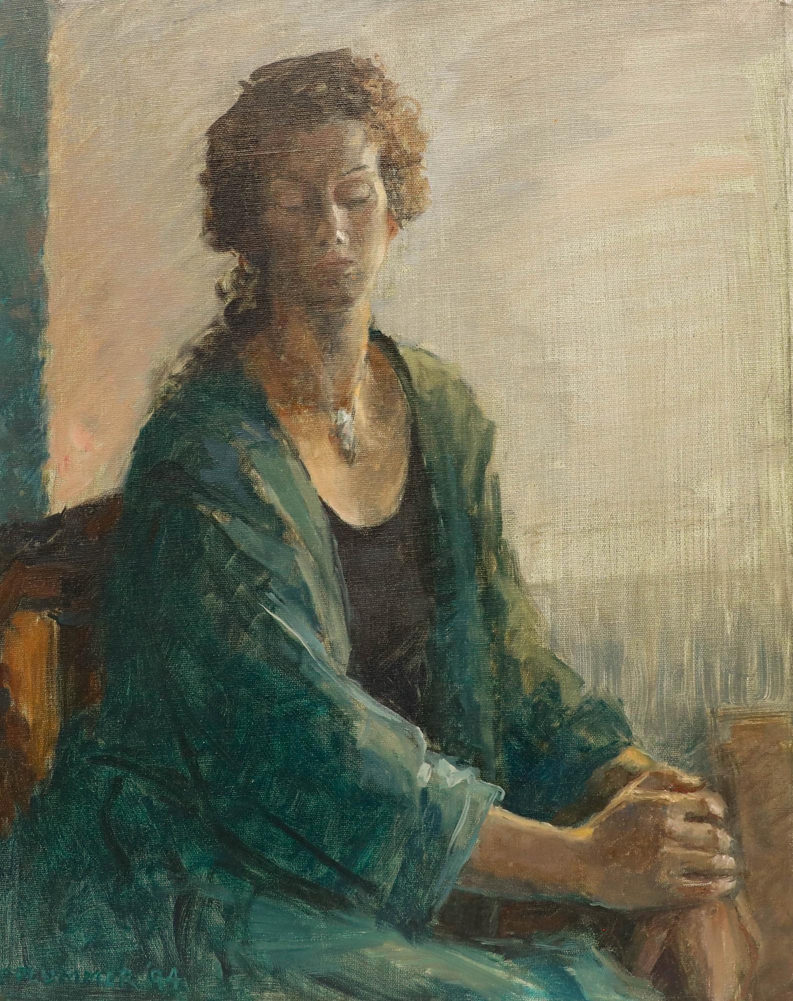 Pauline Plummer (nata nel 1933) - 1994 Olio, Zoe in Verde in vendita 1