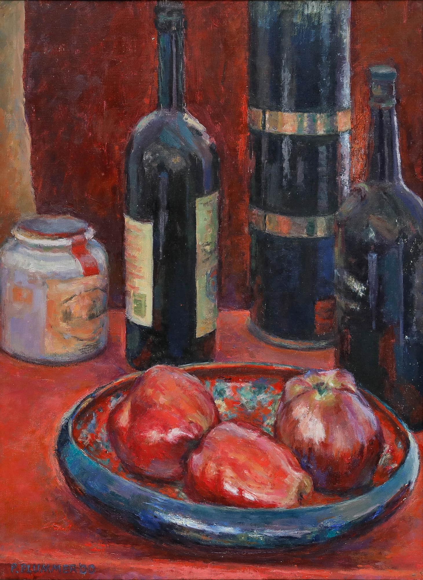 Pauline Plummer (b.1933) - 2000 Oil, Still Life with Wine and Apples For Sale 1