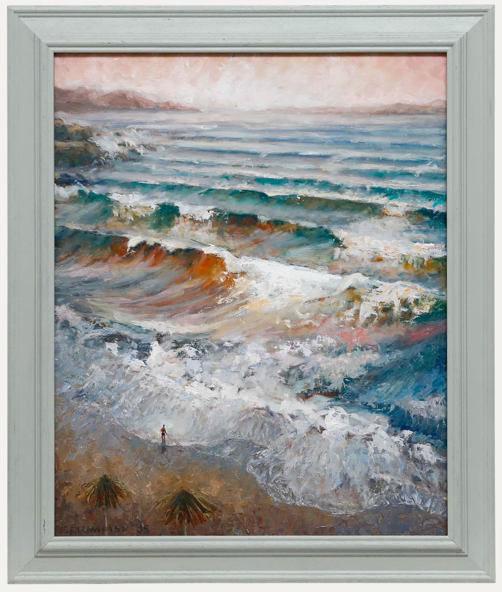 Una suggestiva scena costiera dell'artista Pauline Plummer (nata nel 1933). Firmato e datato in basso a sinistra. Titolato sul retro. Ben presentato in un'elegante cornice dipinta. A bordo.