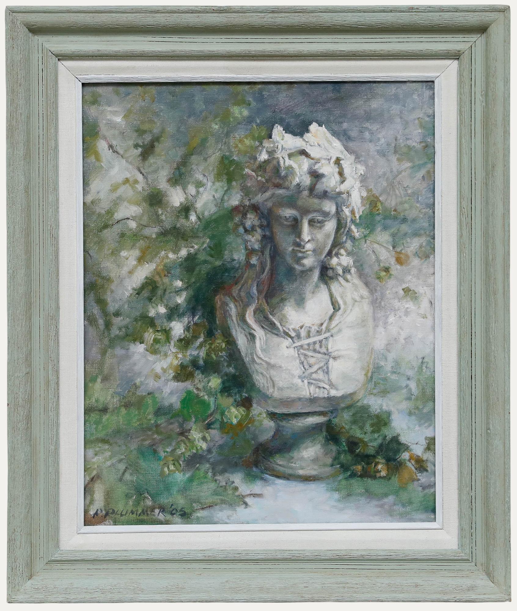 A sensitive still life study featuring a classical bust by the artist Pauline Plummer (b.1933). Signed and dated to the lower left. Further signed and inscribed to the reverse. Well presented in a smart painted frame. On canvas on stretchers.
